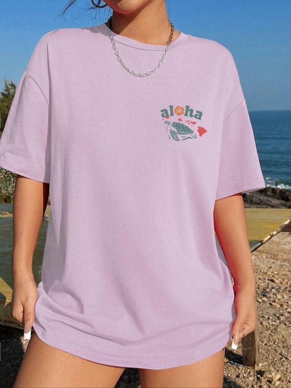 Women's Beach & Letter Print Drop Shoulder Tee, Casual Short Sleeve Round Neck T-Shirt for Summer, Ladies Clothes for Daily Wear 1