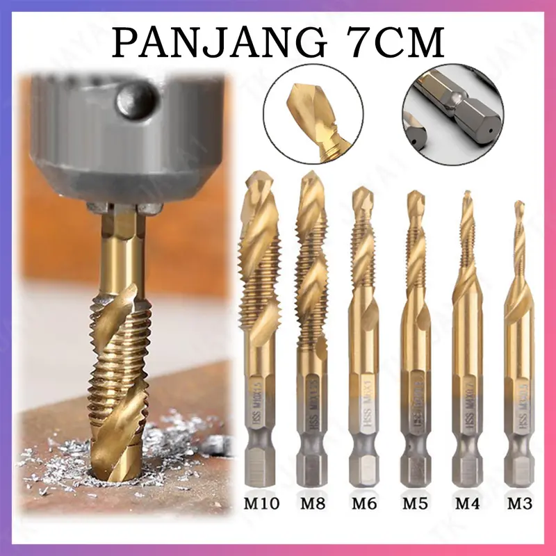 Mata Bor Multifungsi 6 PCS Mata Bor Pembuat Ulir Drat Drill Tap Set M3-M10 Set Hex Twist Spiral Tapper 7cm ( Extra Long ) 0