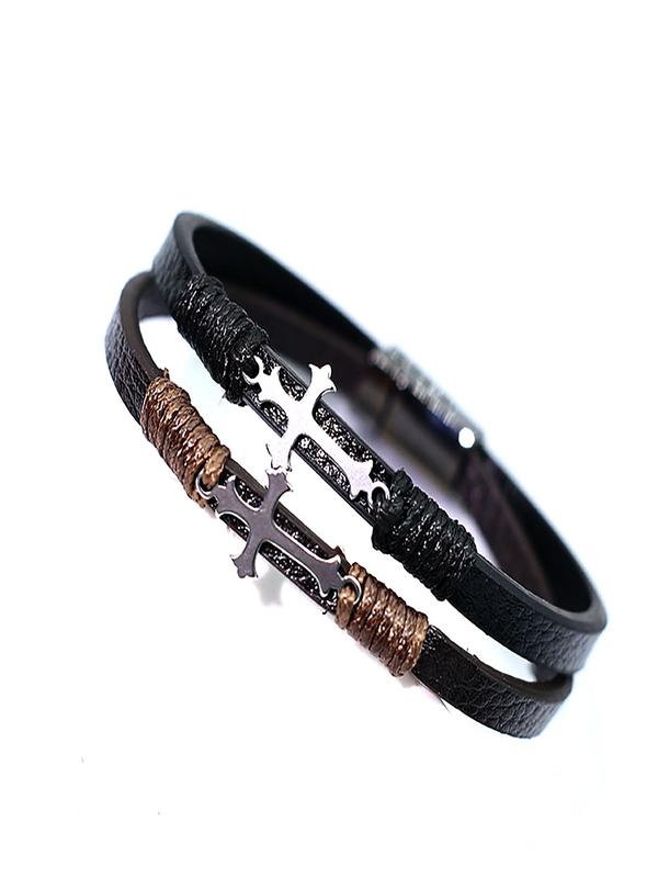 Men's Vintage Cross Charm Decor Bracelet, Fashionable Leather Bracelet for Party, Daily Clothing Decor, Trendy All-match & Exquisite Jewelry for Birthday Gift 5