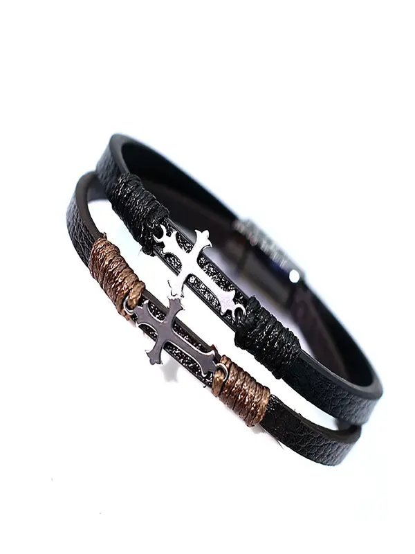 Men's Vintage Cross Charm Decor Bracelet, Fashionable Leather Bracelet for Party, Daily Clothing Decor, Trendy All-match & Exquisite Jewelry for Birthday Gift 5