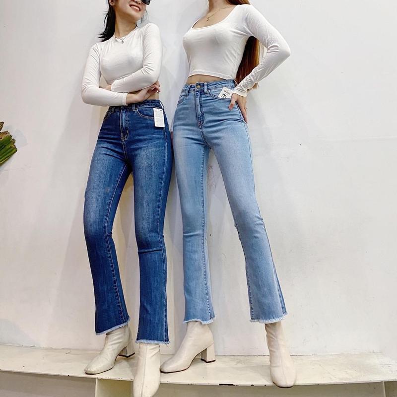 Quần jeans loe 9 tấc lai tua VNXK Mom Móm Store, Chất jean dày dặn co giản