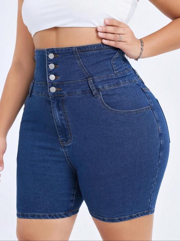 【Plus Size】Solid Color Denim Shorts, Casual Comfy Button Fly Skinny Shorts for Daily Wear, Women's Bottoms for All Seasons 7