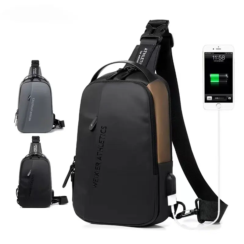 Beg Silang Sukan Larian, Fesyen Lelaki, Pelbagai fungsi, Gaya Bahu, dengan Port USB, Sesuai untuk Gim dan Perjalanan, Beg Dada Utusan, Pek Beg Dada, Bolsa Masculina