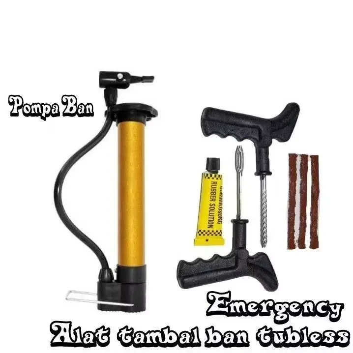 Paket Tambal Ban Tubless + Pompa Mini Emergency / Paket Alat Tambal Ban Sepeda Motor Tubelees Praktis Karet Kendaraan Motorcycle