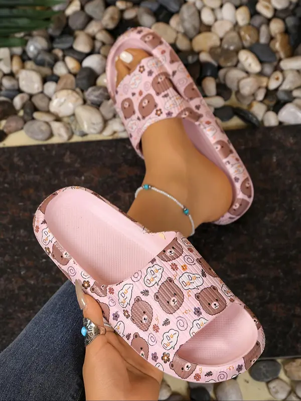 Women's Cute Cartoon Bear Pattern Slides, Casual Soft Comfortable Non-slip Slippers, Summer Beach Slippers for Indoor & Outdoor Wear, Girl 2