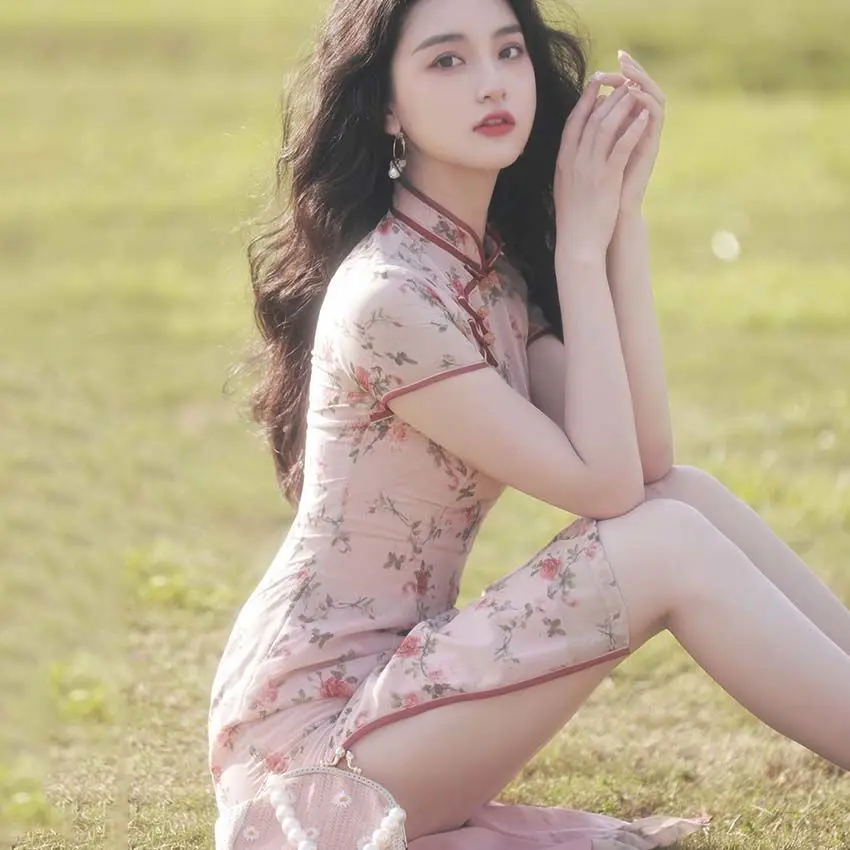 Sườn Xám Xương Pháp Cho Phụ Nữ, Phiên Bản Cải Tiến Của Váy Dài Trung Bình Mùa Hè Với Eo, Phong Cách Cộng Hòa, Phụ Nữ Trẻ Women Dress Màu Hồng