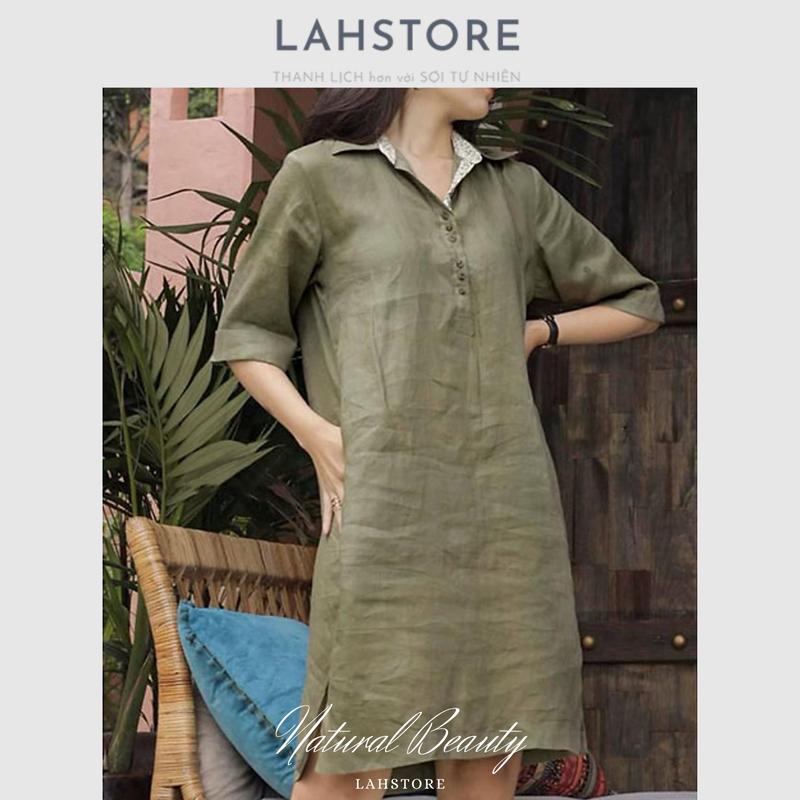 Đầm suông linen LAHSTORE chất linen mềm mát, cổ đức phối nẹp pha cao cấp sang trọng (Đen) Nữ Dress 8