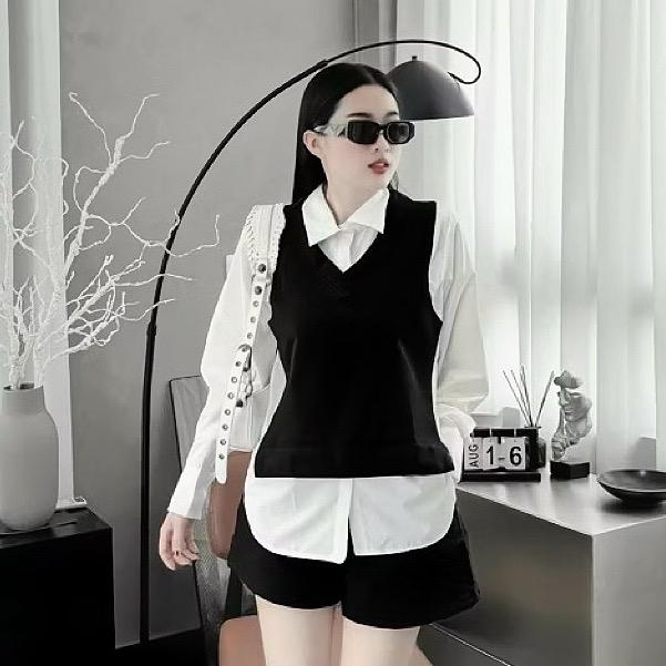 Set Áo Sơ Mi Gile Phối Quần Short Lưng Cao (CÓ LẺ ÁO/ QUẦN) Vải Mềm Mại Phong Cách Cá Tính Cho Chuppy (58-95) Women Top Shirt