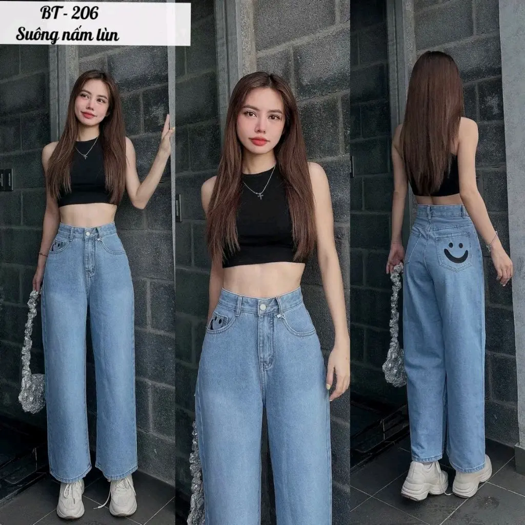 (SUÔNG NẤM 95cm)Quần jean suông,thêu hình mặt cười 06 ,Nữ Women