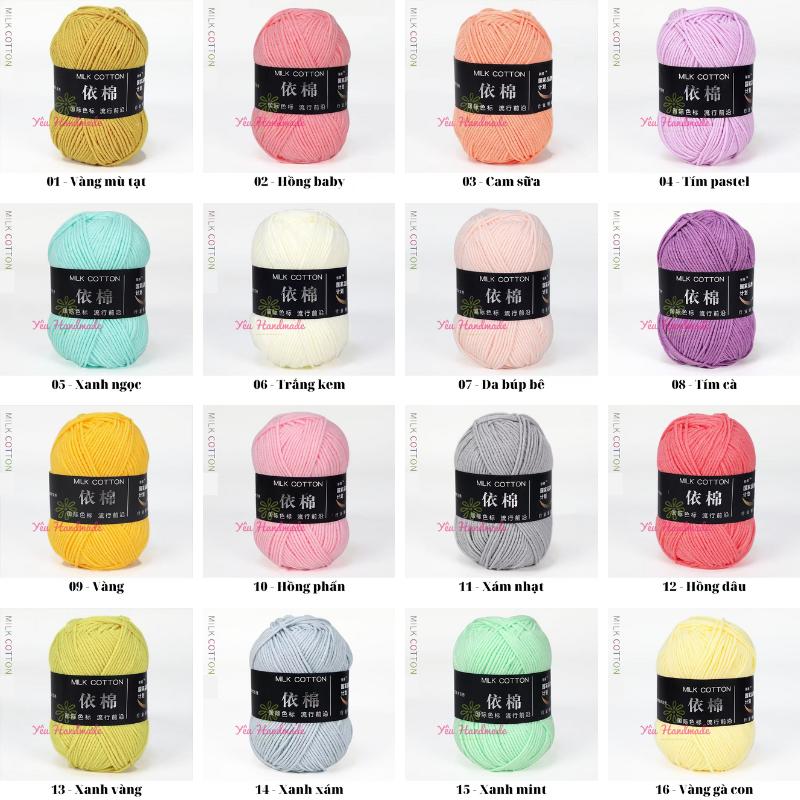 (HCM) Cuộn len milk cotton 50g - Đan móc mũ nón, áo váy... Diy moc lenco ban bánh kem bằng len crochet flower thỏ bảy màu