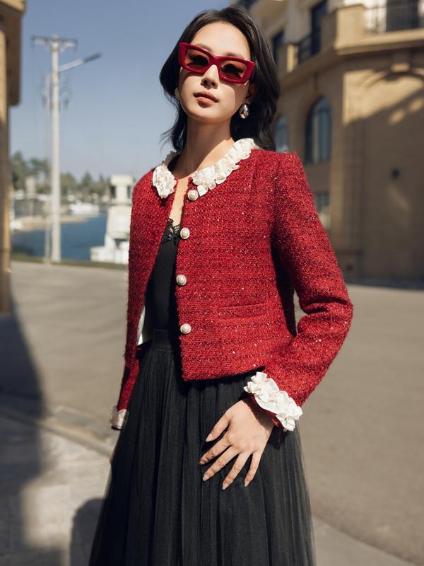  Áo khoác nữ dạ tweed nhiều màu đính kim tuyến dáng crop dài tay phối viền tơ nhún YAME YAK529 