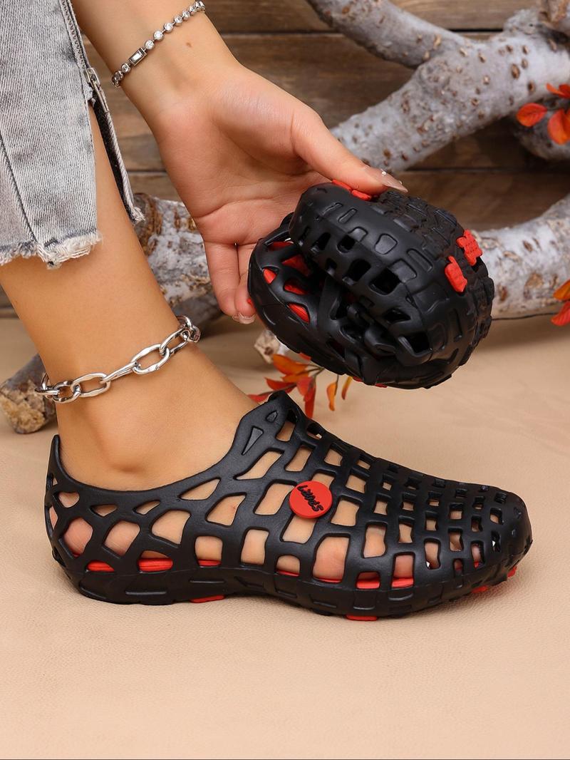 Product Introduction of Unisex Minimalist Plain Color Hollow Out Design Clogs, Casual Comfortable Soft Sole Clogs, Trendy All-match Clogs for Summer Beach Vacation, Footwear 3