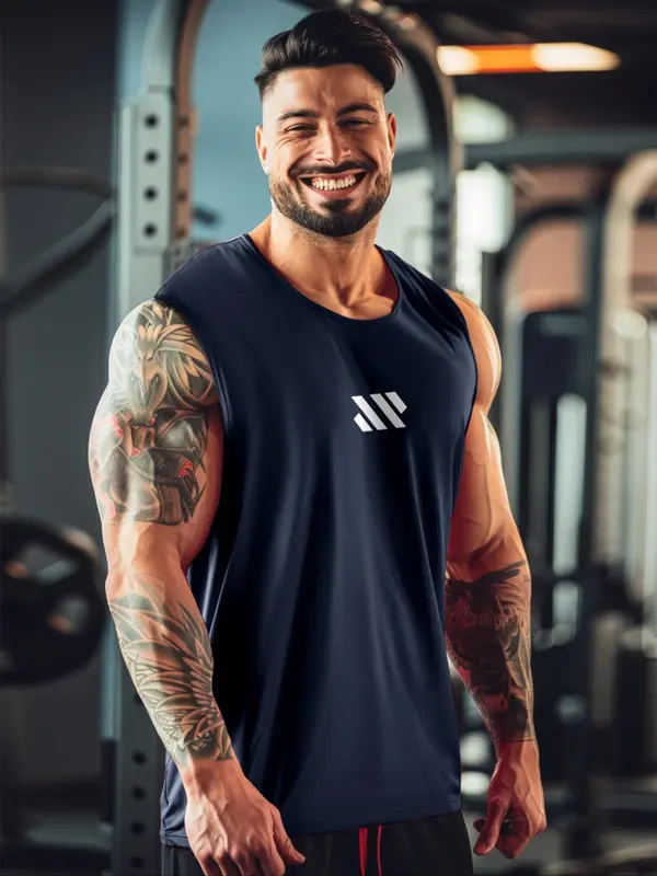 Men's Geometric Print Round Neck Sports Vest, Comfort Breathable Crew Neck Tank Top for Gym Workout Running, Casual Sportswear for Men, Indoor Outdoor Clothing, Gym Clothes 0