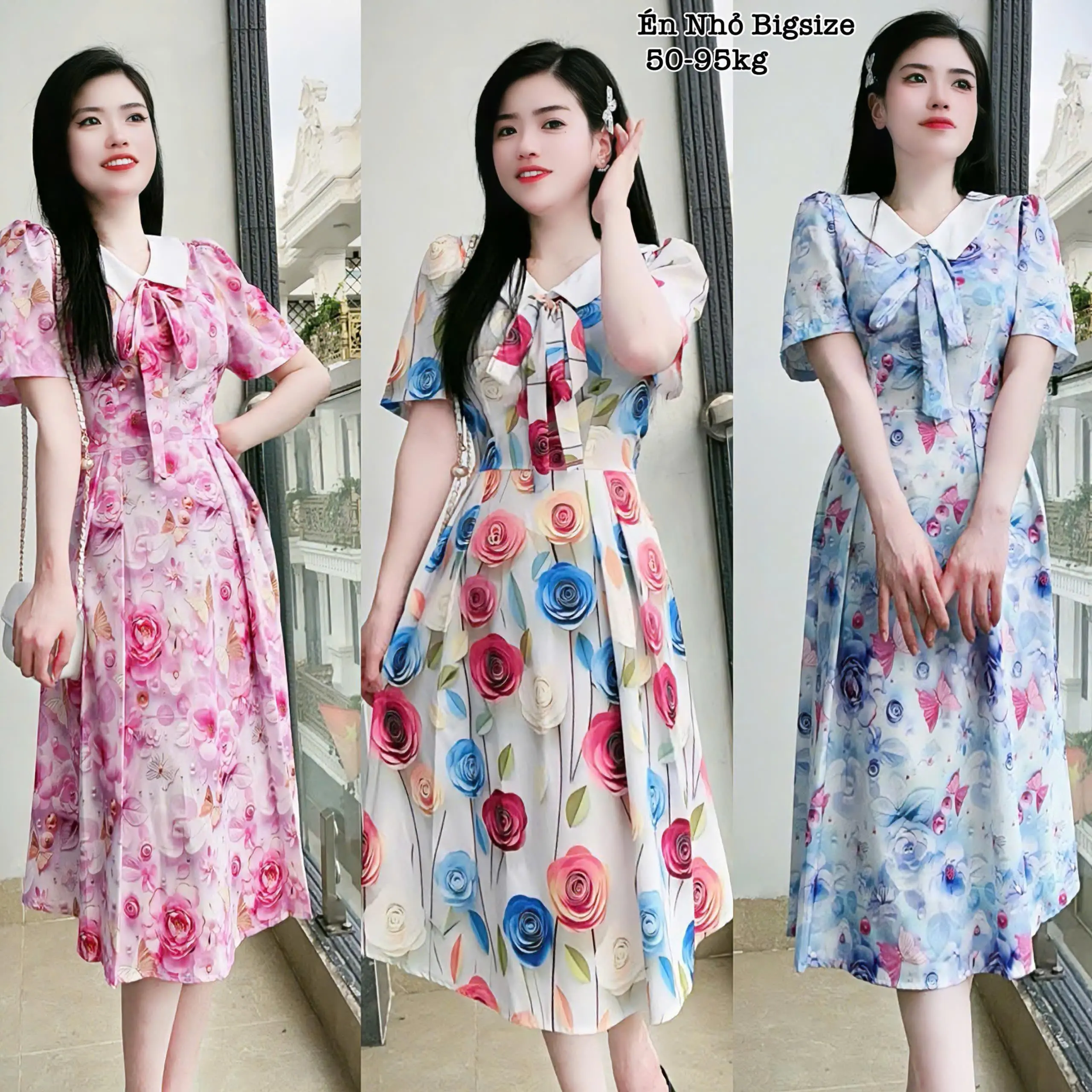 Đầm Hoa Tay Ngắn Buộc Nơ Dáng Dài Bigsize Xinh Xắn Dễ Thương Cao Cấp Phù Hợp Đi Làm, Đi Tiệc, Đi Chơi  Đủ Size 40-95kg