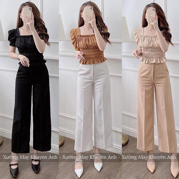 Quần ống rộng nữ m50 m55 m60 lưng cao khóa trước có túi dáng quần ống suông dài cạp cao đi học làm công sở vải dày màu Đen Kem Ghi