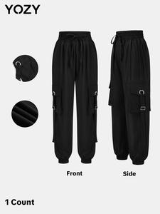 YOZY Women's Solid Drawstring Waist Elastic Waist Cargo Pants, Casual Grommet Eyelet Design Pocket Trousers for Daily Wear, Ladies Bottoms for All Seasons