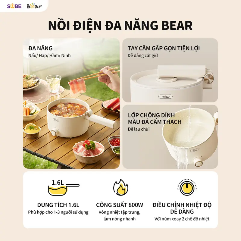 Nồi Lẩu Điện Đa Năng BEAR, Nồi Điện Nồi Đa Năng, Nồi Lẩu Điện Mini Sôi Nhanh Tiết Kiệm Thời Gian Thiết Kế Tay Cầm Gấp Gọn Tiện Lợi Chống Dính Dễ Vệ Sinh MC-4H16G 1