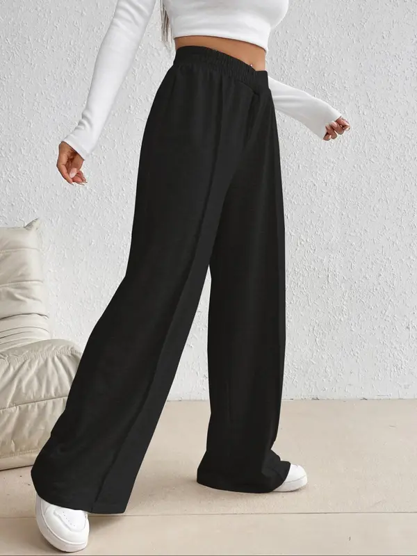 Plain Elastic High Waist Wide Leg Sweatpants for Women, Pants for Women, Going Out Bottoms, Basic Baggy Sweatpants, Minimalist Womenswear, Back To School Comfort Summer Bottoms, Women's Bottoms for Fall & Winter Trouser Underwear 8