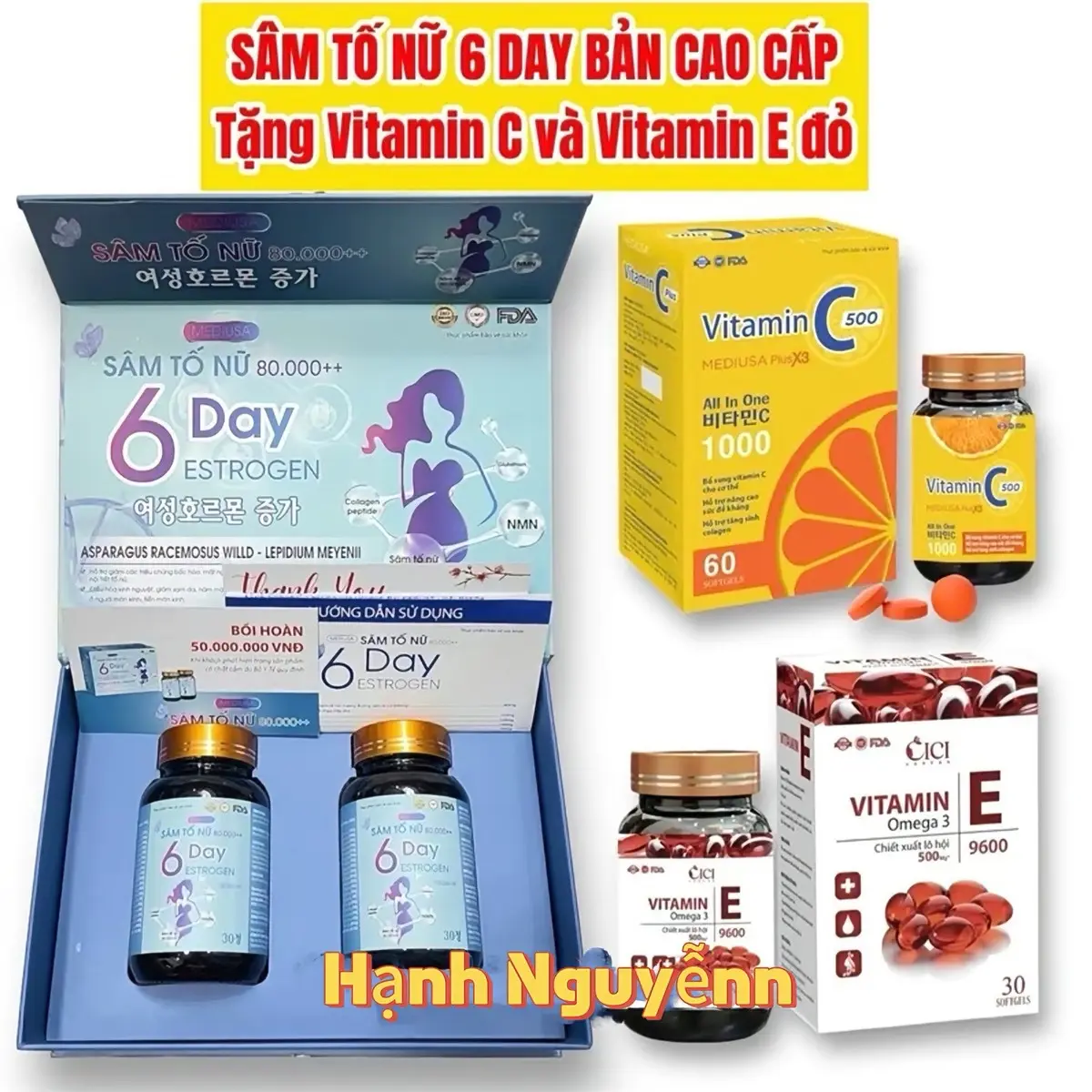 [ BẢN CAO CẤP] viên uống SÂM TỐ NỮ 6 Day Estrogen ( hộp 2 lọ, 60 viên) - TẶNG Vitamin C  và Vitamin E- Hỗ trợ ổn định nội tiết tố nữ, chăm sóc sức khoẻ và làm đẹp da