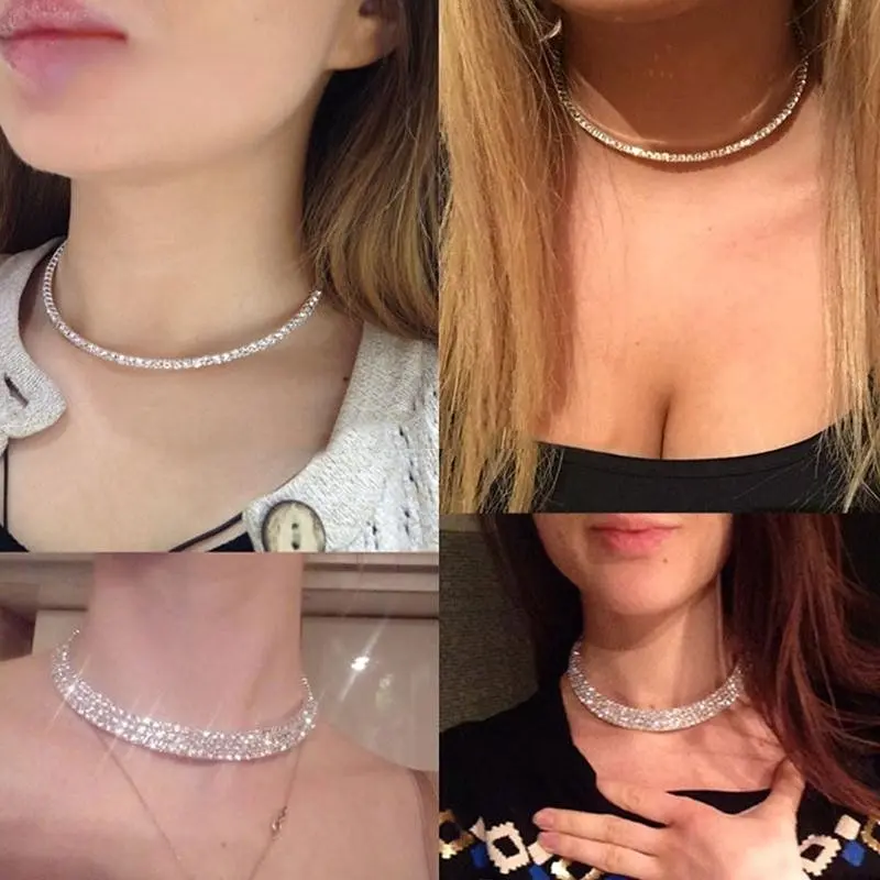 โชคเกอร์คริสตัลเพชรเต็มรูปแบบสำหรับผู้หญิง สร้อยคอ rhinestone Bling การเข้าถึงงานแต่งงาน