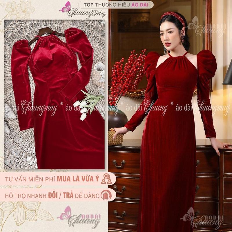 Áo dài nhung cổ yếm xẻ vai tay bồng dài Chaang may sẵn ADC608 dáng cách tân truyền thống dự tiệc lễ tết đẹp Nữ Màu Đỏ Women Dress