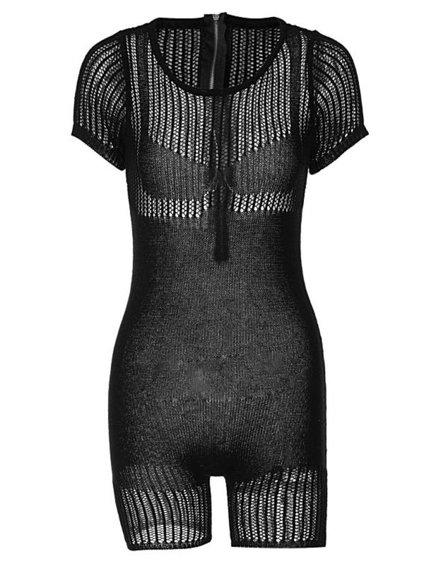 Women's Sexy Solid Sheer Round Neck Romper, Summer Clothes Women, Fashion Casual Hollow Out Short Sleeve Skinny Romper, Women Clothing for Summer, Summer Clothes Valentine's Day, gift 6