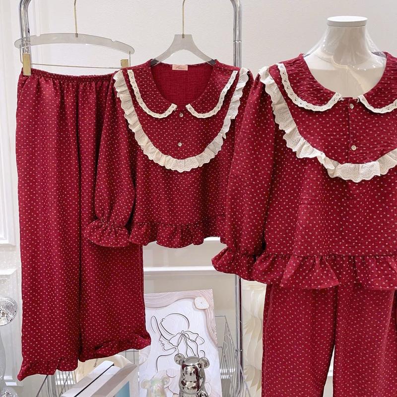 Bộ Mặc Nhà Cổ Sen Mix Viền Ren Hoa Nhí Đỏ Chất Vân Mây DD313 Sammy - Dành Cho Nữ - Quần Ngủ, Women