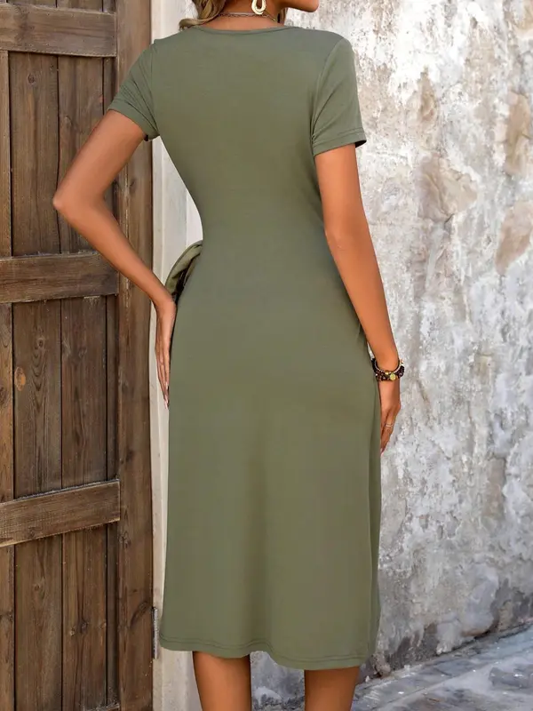 Women's Plain Split Thigh V Neck Wrap Dress, Casual Short Sleeve Dress for Summer, Women's Clothing for Daily Wear 3