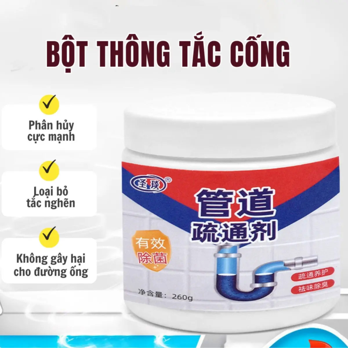 Bột Thông Tắc Cống Cực Mạnh Hương Chanh + Bạc Hà Thông Tắc Cống, Đường Ống, Bồn Cầu, Bồn Rửa Mặt Làm Sạch