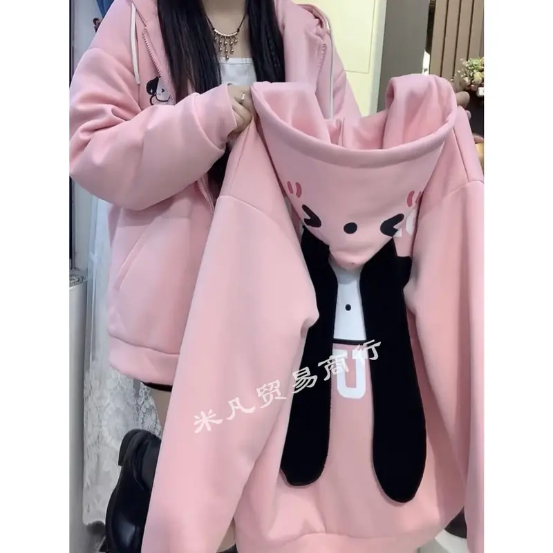 Áo Khoác Có Mũ Trùm Đầu, Phong Cách Hàn Quốc, Chống Lão Hóa, Mùa Thu Mới, Lót Lông Cừu, Tai Dài, Hợp Xu hướng, Dáng Rộng Rãi Và Thường Ngày, Phong Cách Cô Gái Nóng Bỏng, Áo Cardigan, Dành Cho Nữ Top Hoodie 2
