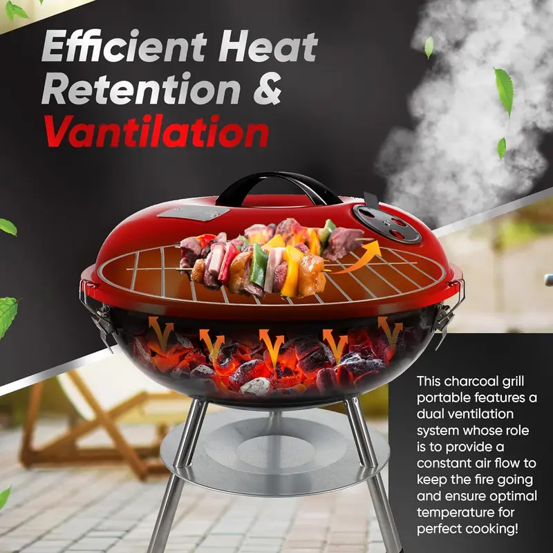 14-inch Portable Barbecue Grill with 3-Point Locking Lid for Heat Preservation – Dual Venting System – Small Charcoal Grill for Backyard, Camping, Boat  Ash Bbq Metal 2