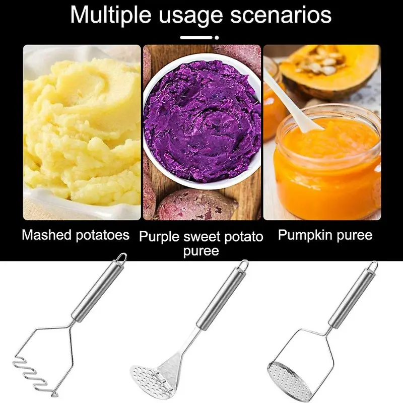 Stainless Steel Potato Masher Set Heavy Duty Kitchen Utensils for Smooth Mashed Potatoes Vegetable Fruit Puree Dishwasher Safe Hanging Sturdy