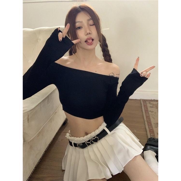 Áo kiểu trễ vai croptop tay dài dễ thương Form dưới 50kg vừa cho nữ siêu xinh cho nữ cá tính trơn