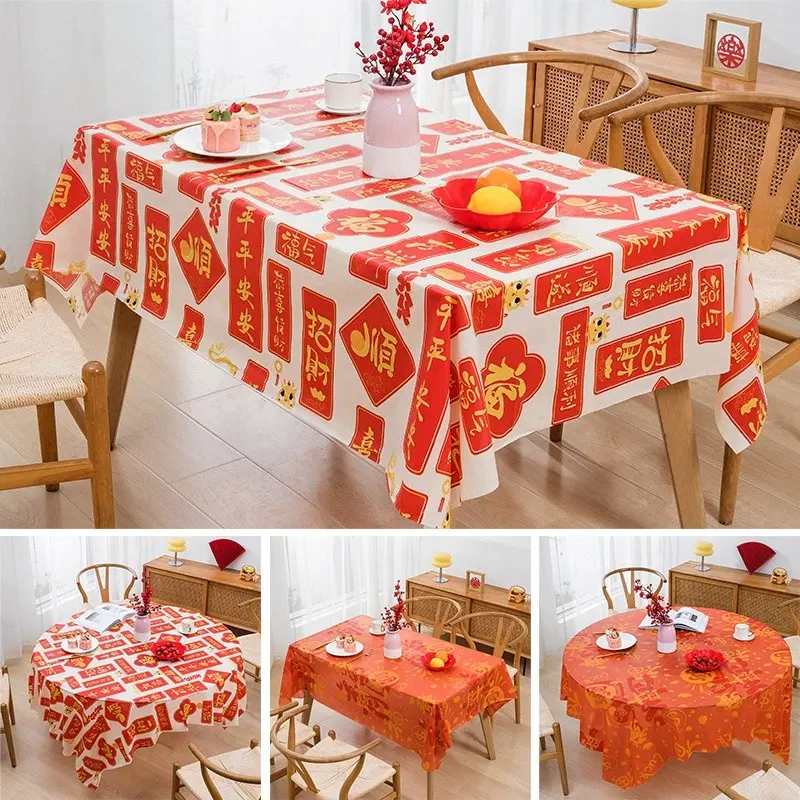 1pcs 2025 New Year Tablecloth Waterproof Oilproof Table Cover Cloth Red Festive Spring Festival Home Decoration
