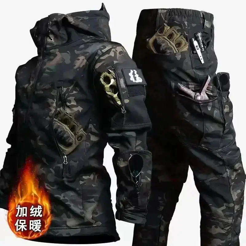 2025 Men's Workwear Jacket Set  Thicken Soft Shell Winter Sharkskin Storm Hooded Tracksuit for Hiking and Fishing