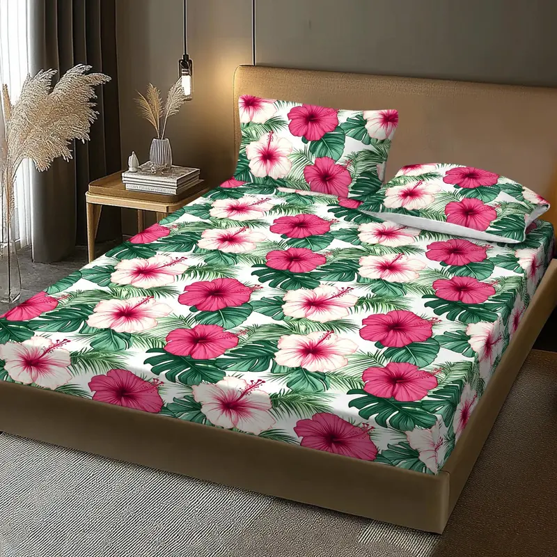 Floral Print Bed Set, 2/3 Counts/set Including 1 Fitted Sheet & 1/2 Pillowcases without Filler, Soft Comfortable Breathable Bedding Supplies for Home 3