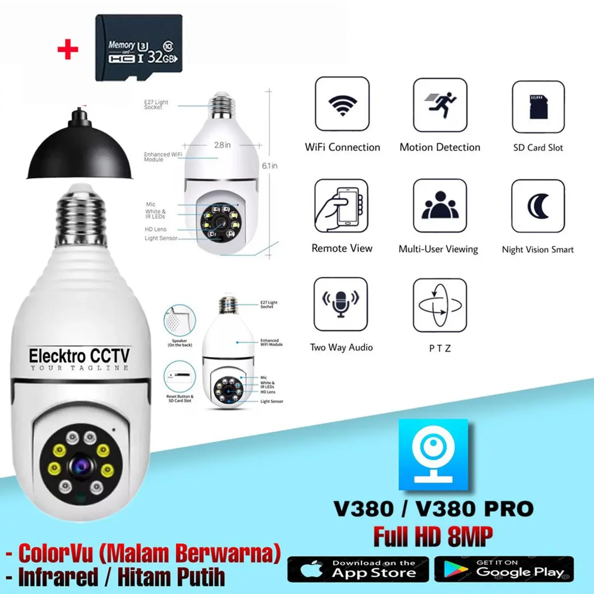 CCTV Lampu V380 Pro 3MP Kamera CCTV Wifi Lampu CCTV 360 Derajat Panoramic Smart CCTV Bohlam IP Camera CCTV Wireless