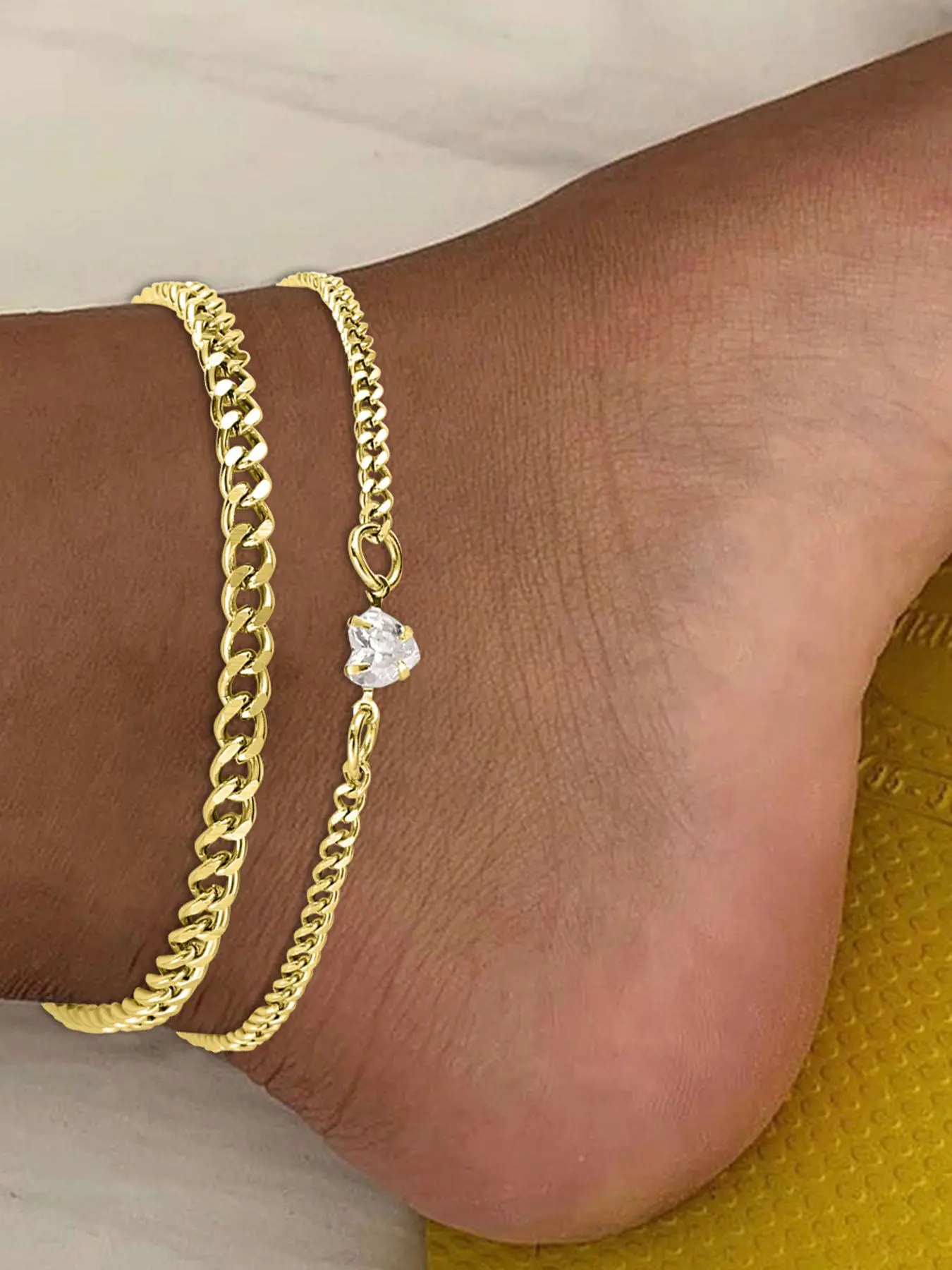 Fashion Chain & Rhinestone Heart Decor Anklet, 2 Counts Foot Jewelry for Women & Girls, Fashion Jewelry for Party, Daily Clothing Decor, Perfect for Gift, Valentine's Day, Gift