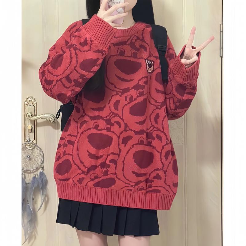 HÀNG QC Áo len kiểu nữ chất dệt kim họa tiết gấu dáng sweater cổ tròn dài tay form rộng dày dặn thu đông 4 màu Hàn Quốc Kozoda AL190