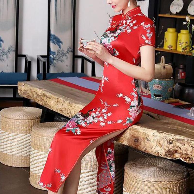 Euyuxan-Váy Phong Cách Quốc Gia Trung Quốc Cho Nữ, In Hoa, Cổ Đứng, Tay Áo Ngắn, Xẻ Tà Bên Cao, Nút Thắt Nút Trung Quốc, Sườn Xám, Satin, Mượt Mà, Vừa Vặn, Mùa Hè, Mùa Xuân, Qipao 8