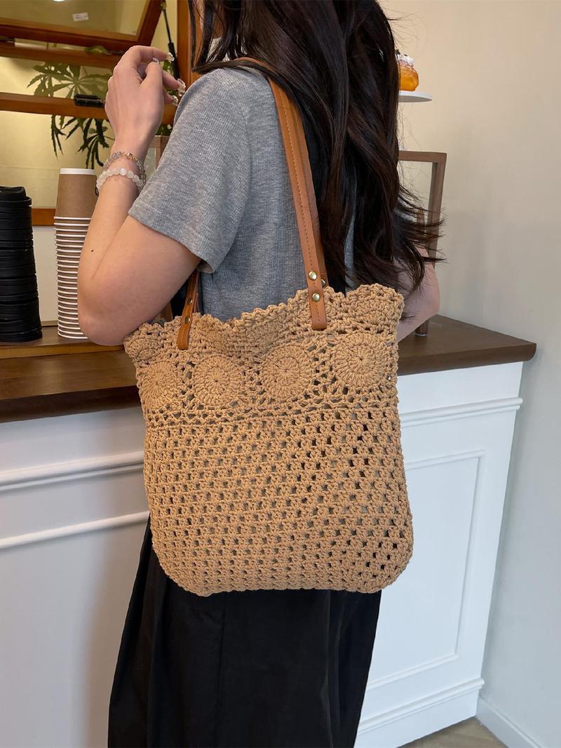 Product Introduction of Women's Solid Color Straw Tote Bag, Fashionable Large Capacity Shoulder Bag for Daily Used, Casual Trendy Versatile High-quality Daily Commuting Bag 3