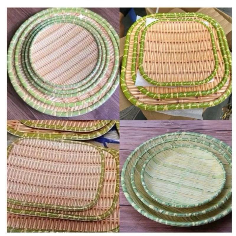 Đĩa nhựa giả mây tre đan mây Mẹt tre tròn cao cấp đủ size có chân đế để hoa quả Mẹt bún đậu mắm tôm