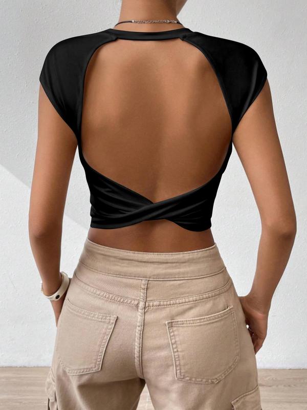Women's Regular Fit Solid Twist Cut Out Backless Crop Tee without Necklace, Casual Cap Sleeve Round Neck T-shirt for Summer, Fashion Women's Summer Holiday Top for Daily Wear Valentine's Day, Gift 2