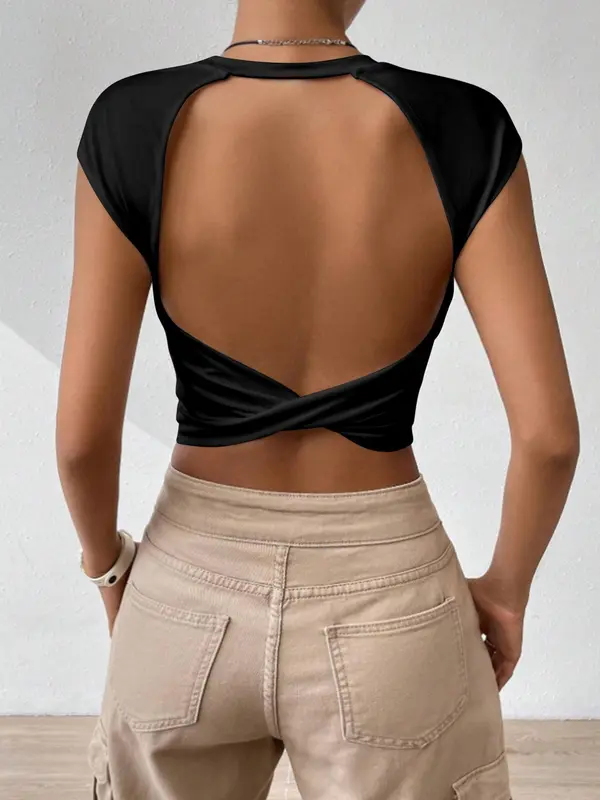 Women's Regular Fit Solid Twist Cut Out Backless Crop Tee without Necklace, Casual Cap Sleeve Round Neck T-shirt for Summer, Fashion Women's Summer Holiday Top for Daily Wear Valentine's Day, Gift 2