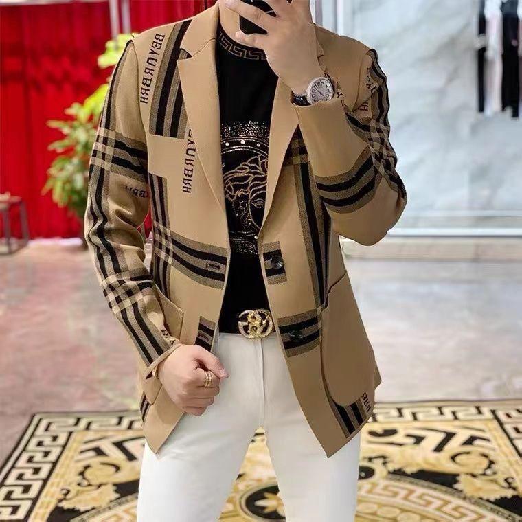 2023 Bộ đồ giải trí cho nam dệt kim Ga châu Âu nhỏ tròn mùa xuân và mùa thu mới kẻ sọc Benxi áo Cardigan Hàn Quốc thời trang 3