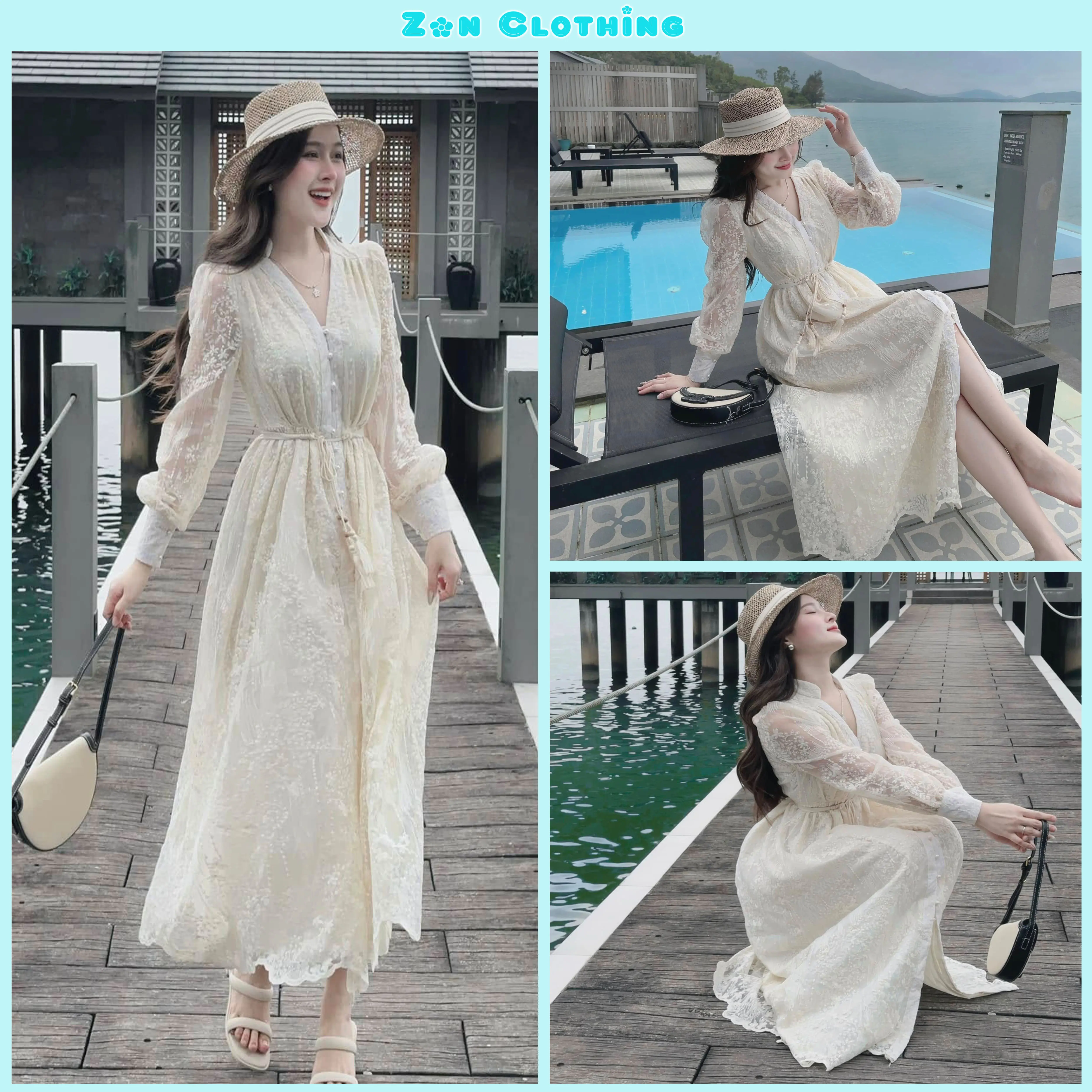 ( Kèm Đai Thắt Eo ) Váy Ren Tiểu Thư Thiết Kế Cổ Tàu Hoa Nổi 2 Lớp Đầm Maxi Dự Tiệc Voi Top Nữ Women By Zon Clothing Z021