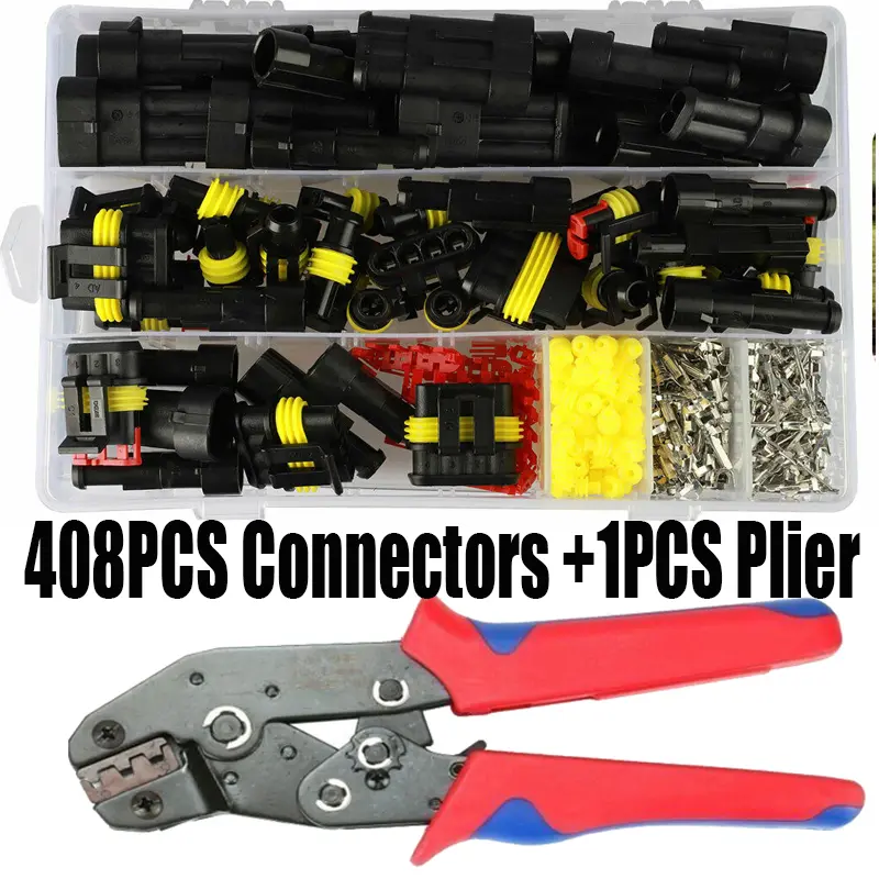 408pcs Waterproof Male Female Electrical Connectors Plug 1-4Pins Sets With Crimping Pliers Way With Wire For Car Motorcycle