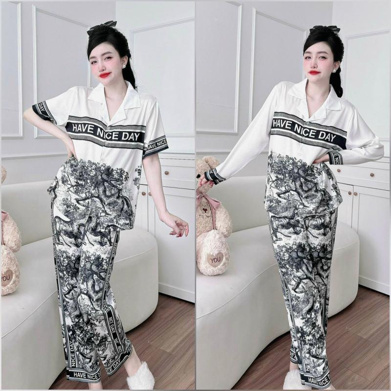 Đồ bộ pijama rừng viền lụa xước ánh kim 2 size 40-60kg---60-75kg Quần Ngủ Áo ( quần có túi) lụa  xước Nữ Women Voan