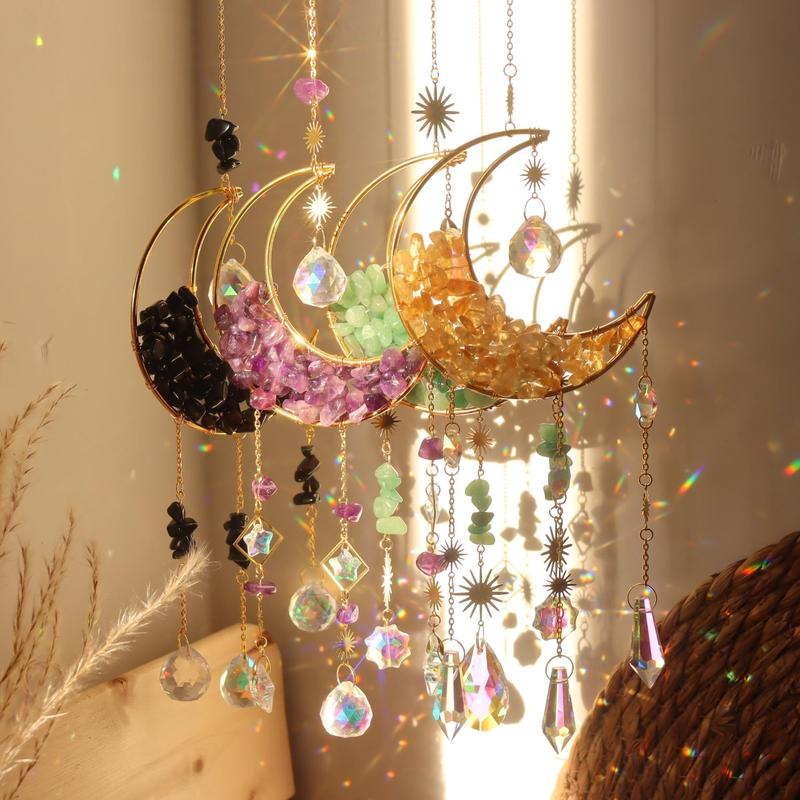 Artificial Crystal Sun Catcher, 1 Set Moon Decor Hanging Ornament, Hanging Decor, Fantasy Hanging Sun Catcher for Home Room Garden Window Wall Decoration, Pink Stuff, Sparkleshomeware, Windchimes 1
