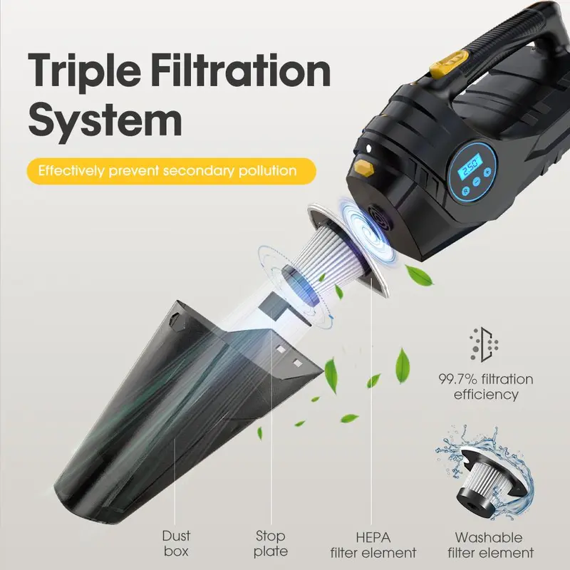 4 in 1 Car Vacuum Cleaner, Car Digital Display Cleaning Blower, Car Air Pump, Car Tire Inflator, Multifunctional Car Cleaning Tool 6
